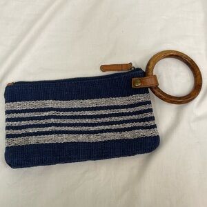 MUD PIE Blue White Striped Cotton Jute Wooden Wristlet Clutch Purse Bag Handbag